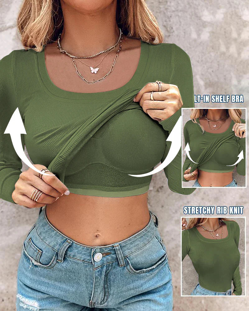 Ribbed Long-Sleeve Sculpt Top with Built-In Bra
