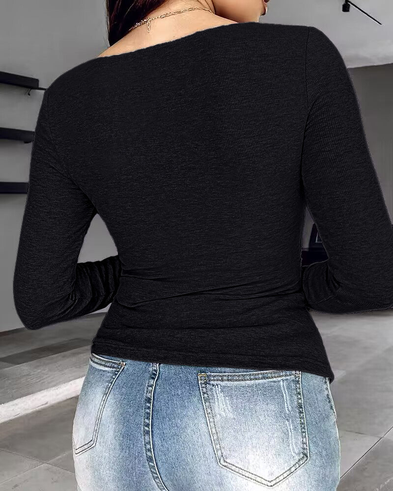 Notch Neck Ribbed Long-Sleeve with Built-In Bra