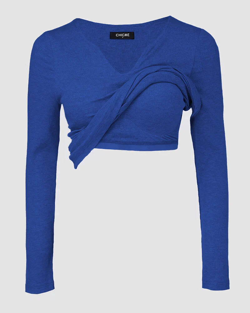 Notch Neck Ribbed Long-Sleeve with Built-In Bra