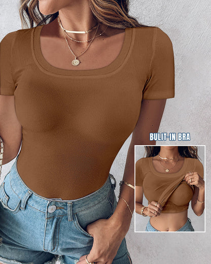 Ribbed Short-Sleeve Sculpt Top with Built-In Bra