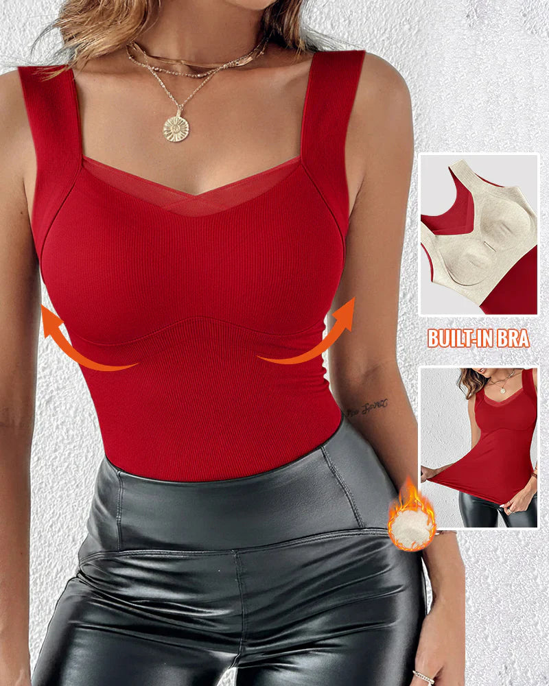 Sheer Mesh V-Neck Tank with Built-In Bra