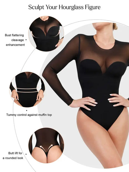 Deep V-Neck Sheer Lace Bodysuit with Built-In Bra & Tummy Control