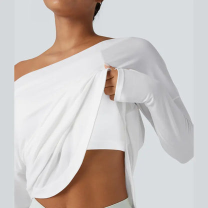 One-Shoulder Long-Sleeve Relaxed Top with Built-In Bra