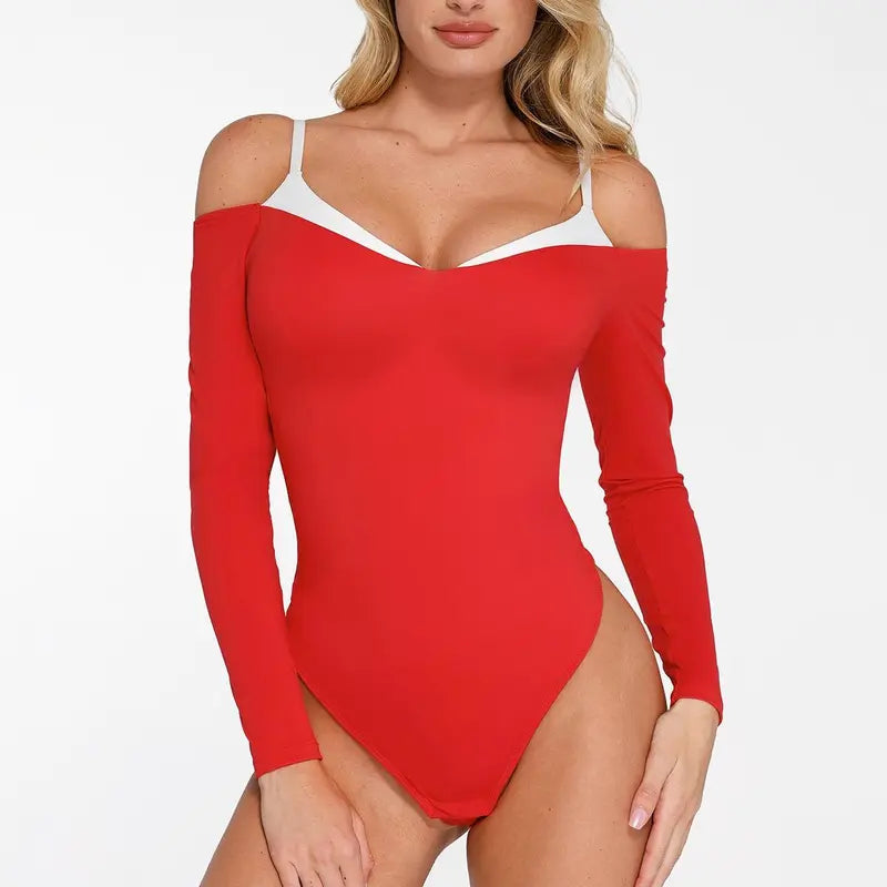Deep V-Neck Sheer Lace Bodysuit with Built-In Bra & Tummy Control